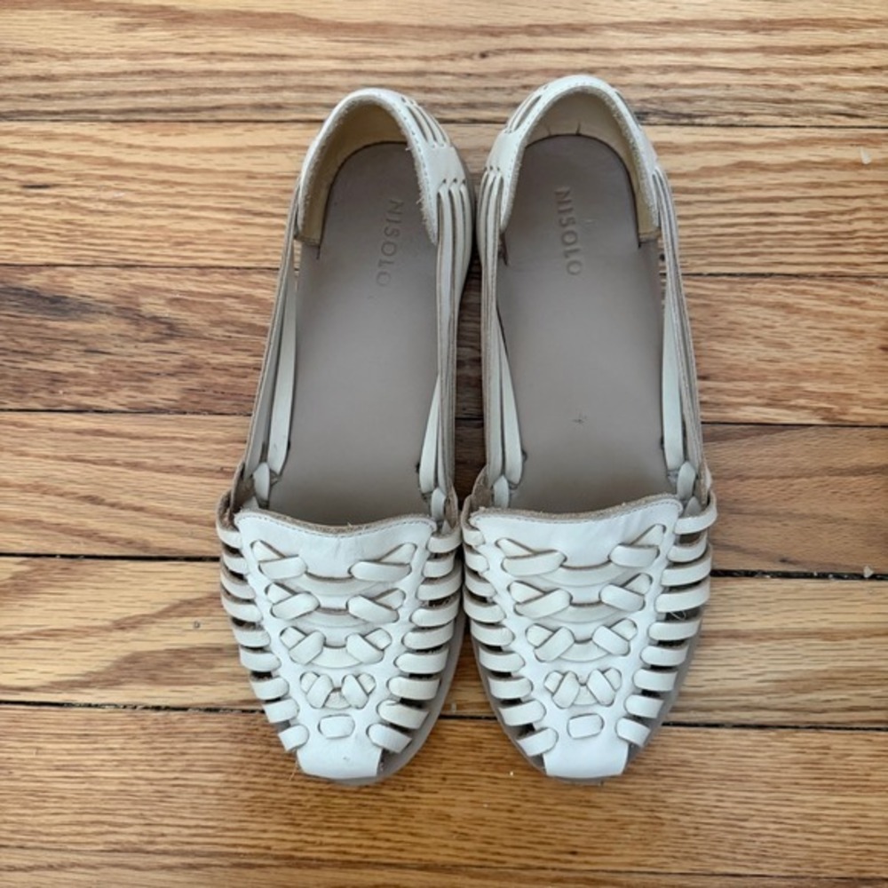 Nisolo Huarache Sandals Women 6 Bone White Hand Woven Leather Flats Peru